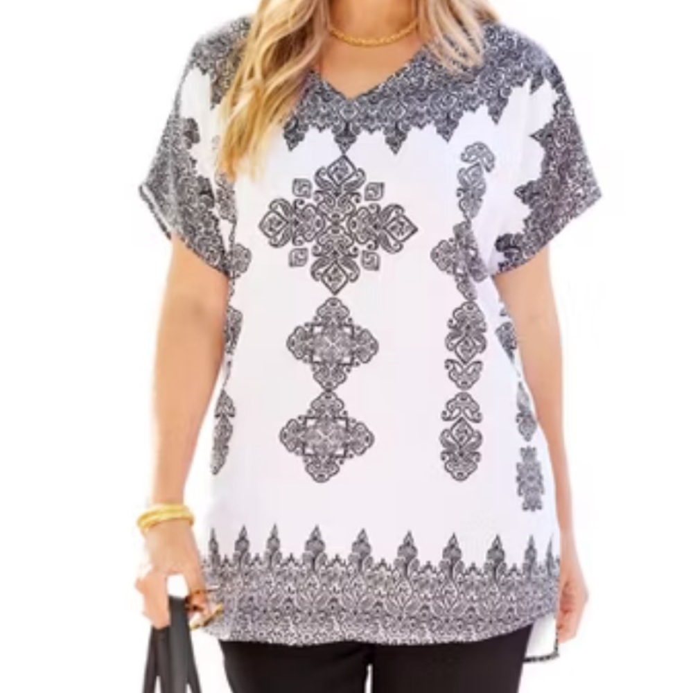 Catherines Womens Black White Patterned Dolman Sleeve Sheer Lightweight Top